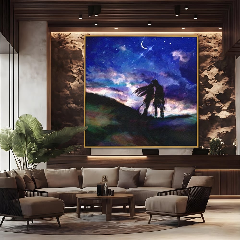 Tablou canvas cu tablou canvas cu cuplu sarutandu-se sub cerul instelat, in rama de aluminiu auriu, pe perete intr-un birou